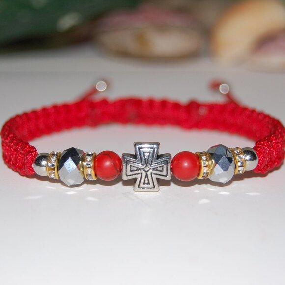 Cross Bracelet,6mm Stone and Glass Beads,Friendship Bracelet,Good Wishes Gift - Picture 1 of 3